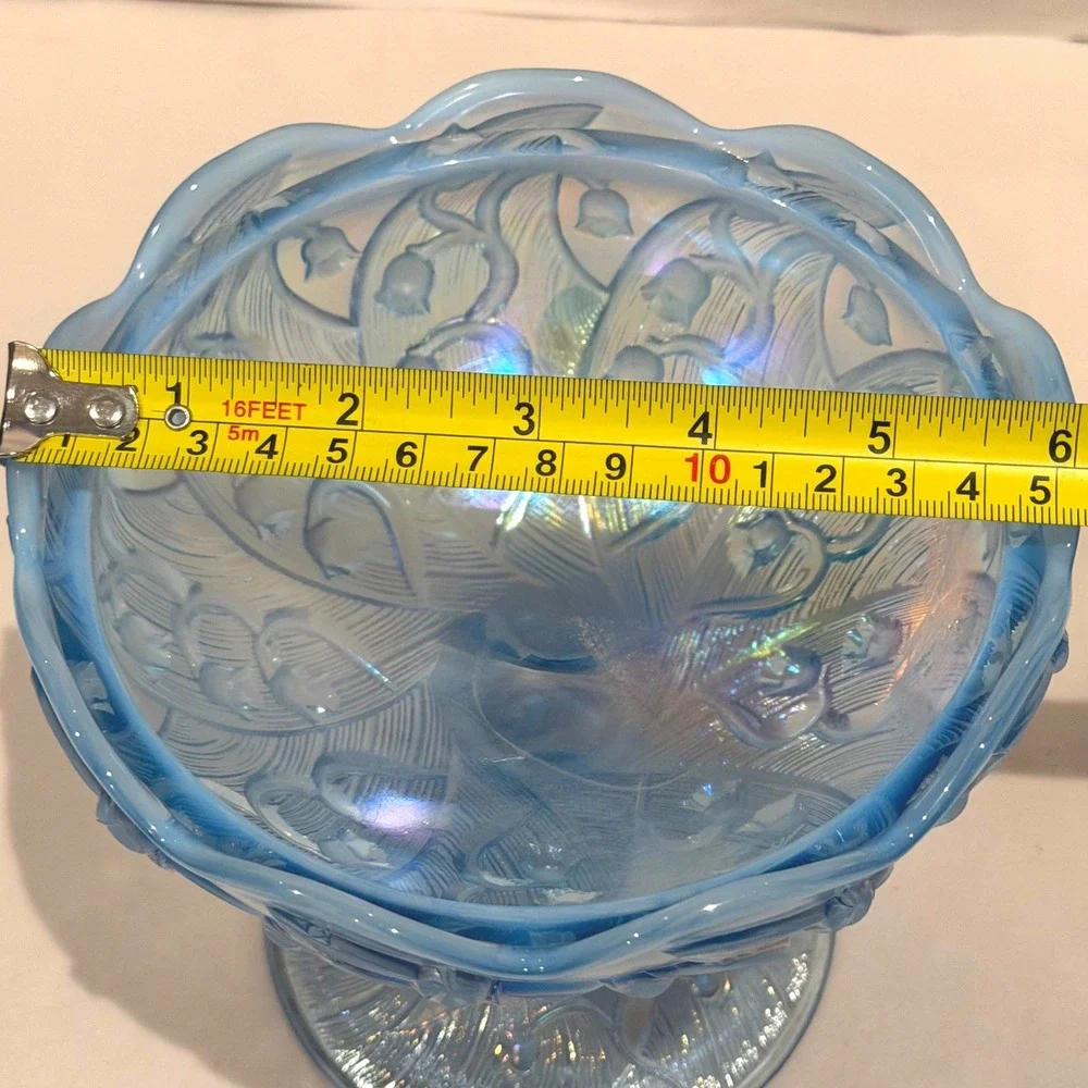 Fenton Lily of the Valley Blue Opalescent Moon Glass Lidded Candy Dish Vintage
